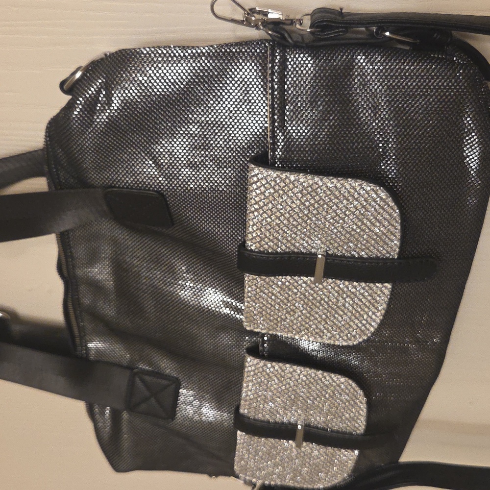 Black and Silver faux leather sparkle handbag with detachable shoulder strap.